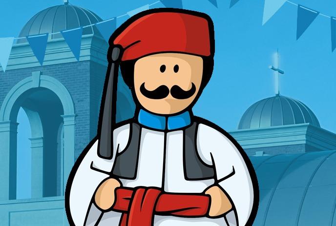 A cartoon character dressed in a traditional Greek folk costume