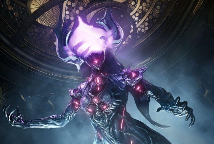 Futuristic armored figure with glowing purple headpiece.