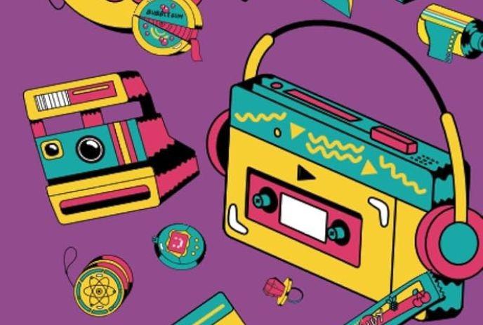 Retro-themed illustration with a boombox and polaroid camera on a purple background.