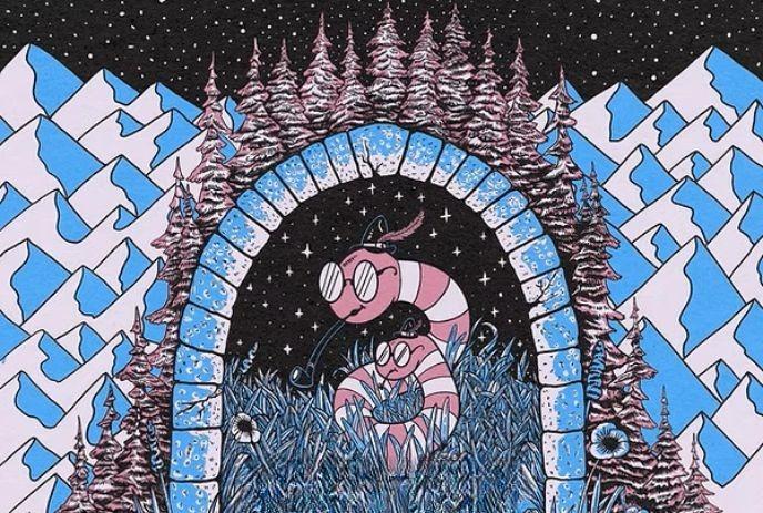 Two striped worms in glasses under a snowy stone arch in a starry mountain forest.