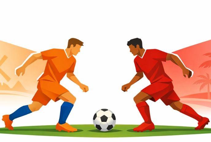 Two soccer players face off over ball one in orange one in red on gradient field symbolizing match tension and energy.