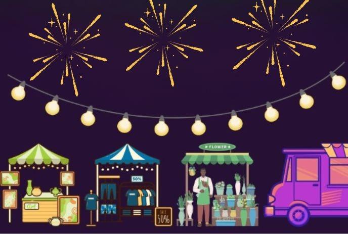Illustration of a festive night market with vendor stalls, a food truck and string lights.