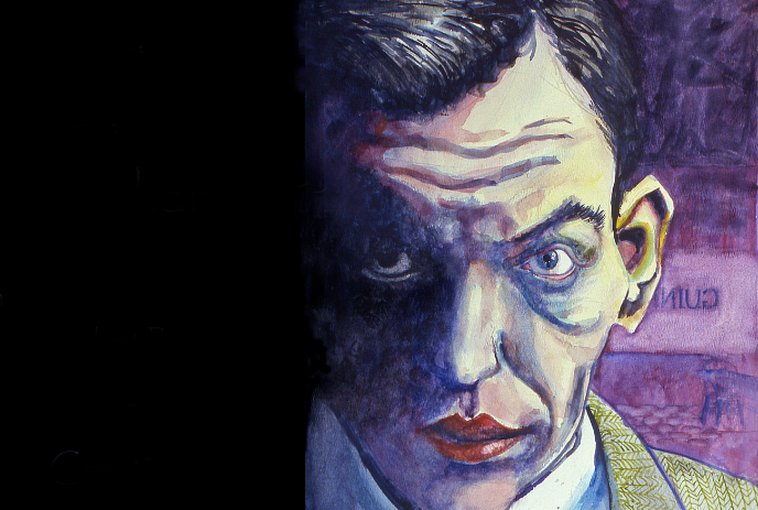 Sketch portrait of intense man in yellow-green jacket, half face shadowed with purple background.