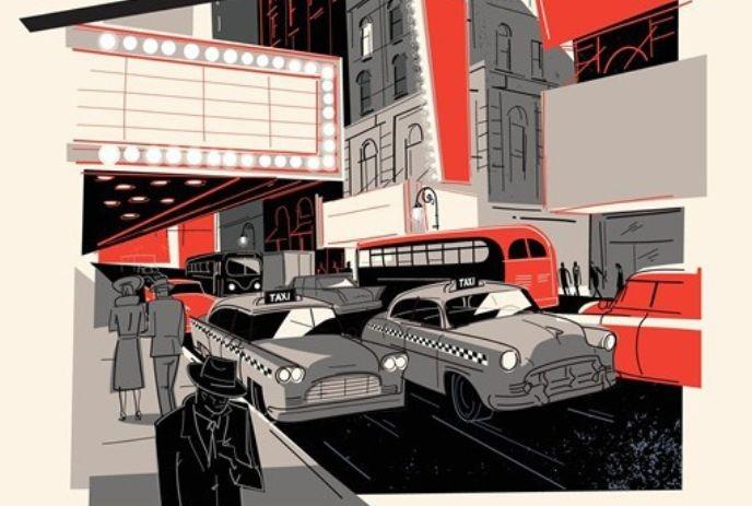 Vintage city scene with taxis, theater lights, and pedestrians in retro attire, evoking mid-century bustle.