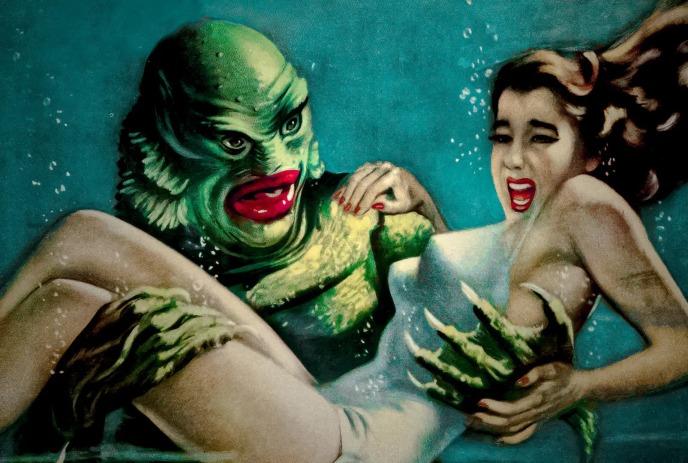 In the deep waters, a green creature holds a terrified woman as she struggles to escape.