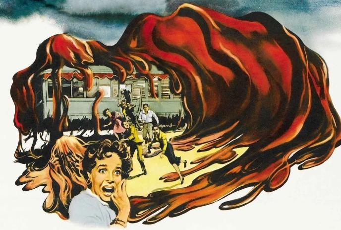 Terrified people flee a train as a giant, fiery, red melting mass engulfs the scene in a vintage horror illustration.