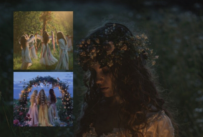 Collage of ethereal women dancing around maypole, under floral arch, and in flower-crowned close-ups in mystical field.