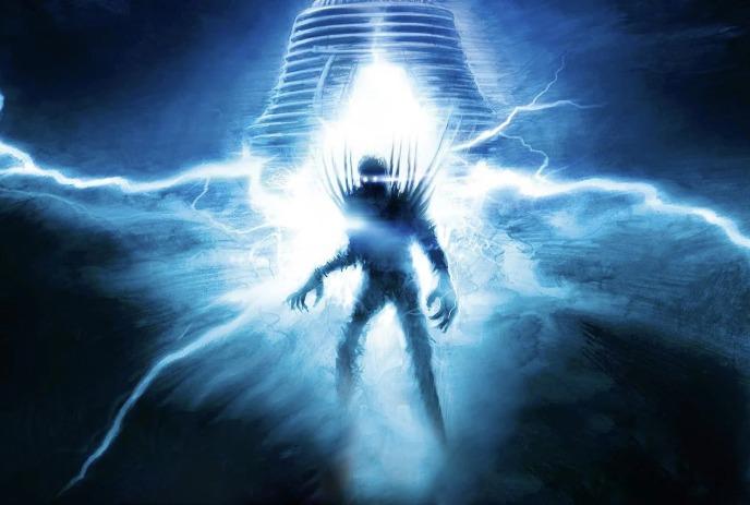 A frightening image of a monster with lightning flashing around it.