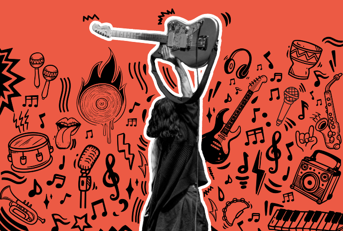 Female artist holds up a guitar with a variety of music instruments and signs around