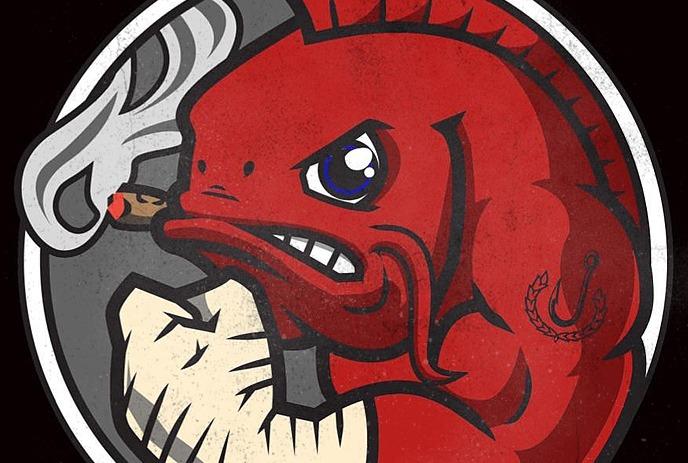 Muscular red fish smokes cigar, flexes bandaged arm; fierce cartoon with bold tattoo and tough vibe.