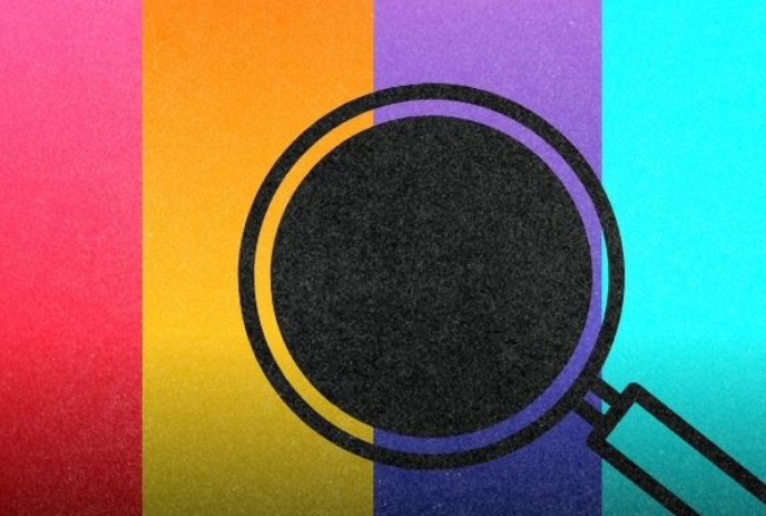 Panel with multiple colours and a black magnifying glass on top.
