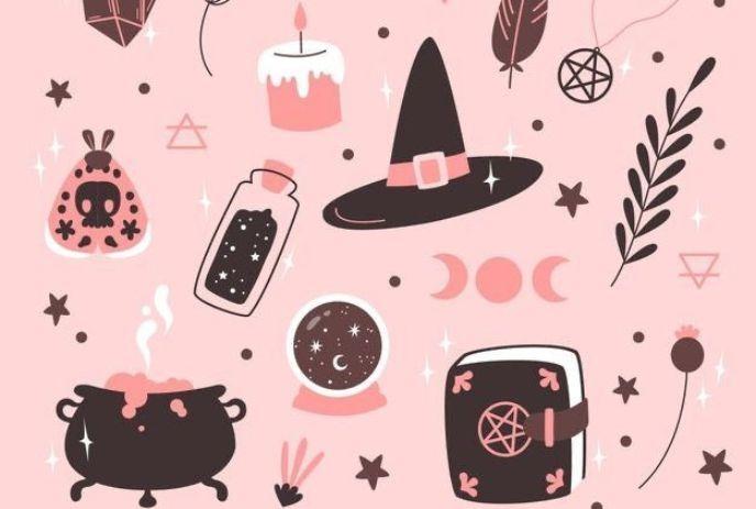 whimsical witchcraft icons with hats potions candles crystals stars moons and charms on a soft pink background.