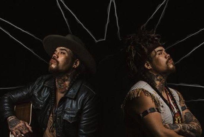 Two side-by-side portraits of Logan Staats looking up, dressed as a musician on the left and in Mohawk attire on the right.