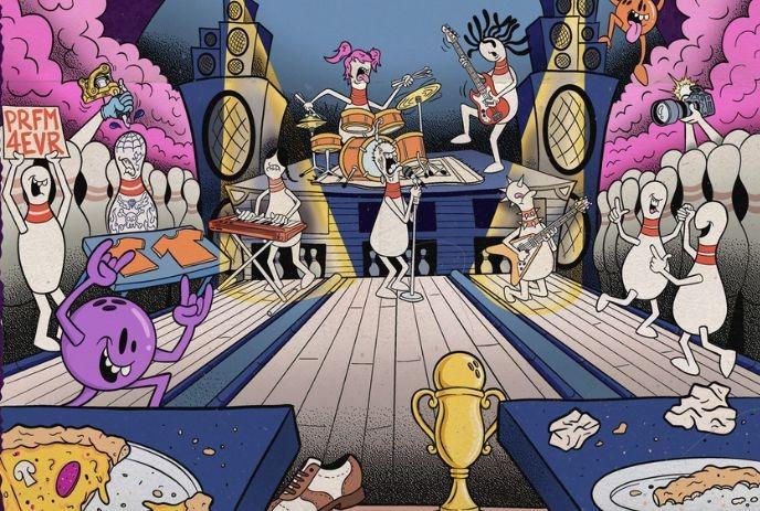 Illustration of bowling pins cheer at a lively concert as a purple bowling ball points toward the band on a bright stage.