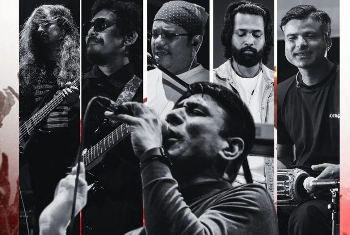 A black-and-white collage features members of the Nepali folk-rock band Kandara singing and playing instruments.