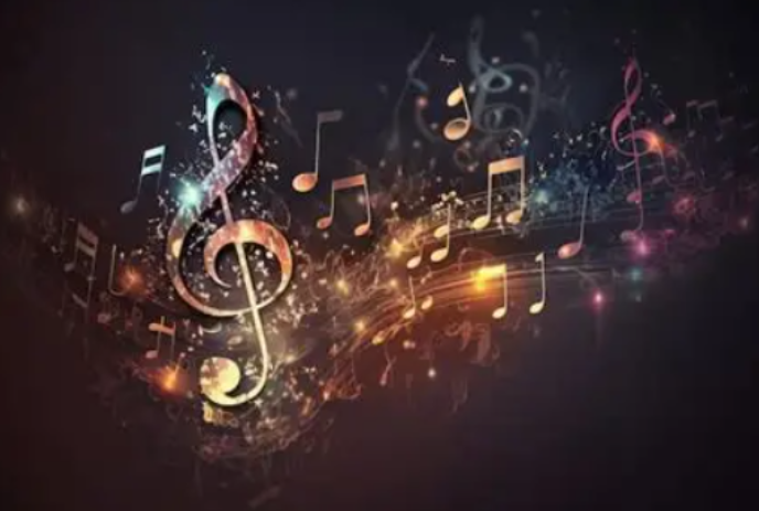 Colourful musical notes on a black background.