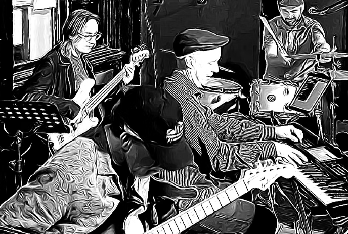 A black and white illustrative image of a band jamming out with different instruments.