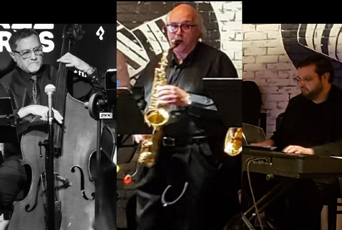Three jazz musicians perform: a bassist in black and white, a saxophonist, and a keyboardist.