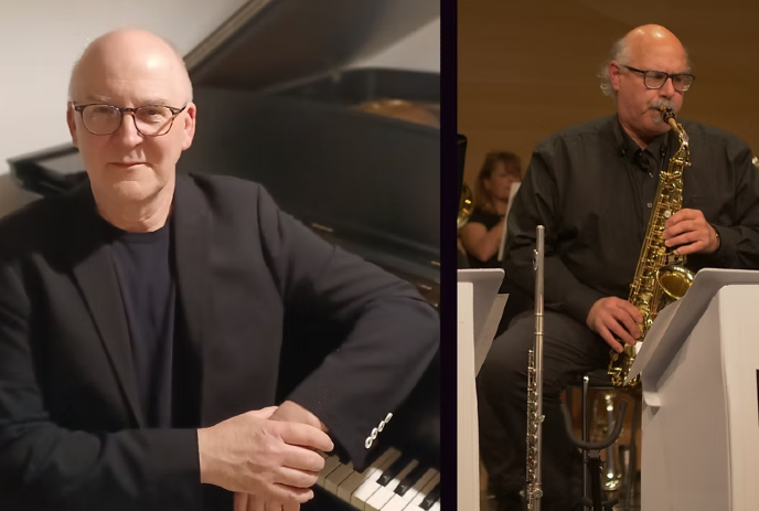 John Sherwood on the left with his piano, and Ralph De Luca on the right playing a saxophone on stage.