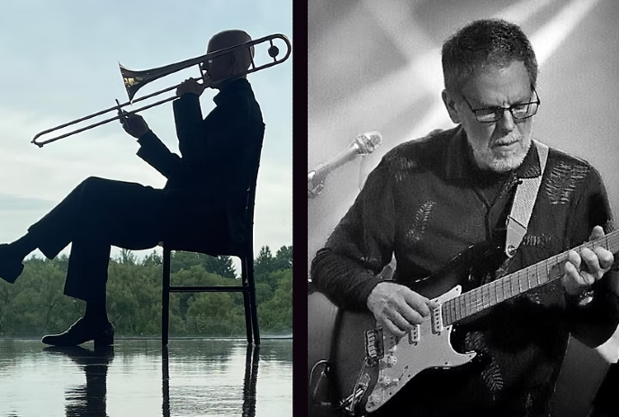 Rob Stone & Chris Norley in seperate photos, Rob Stone sitting down playing the trombone and Chris Norley playing the guitar.