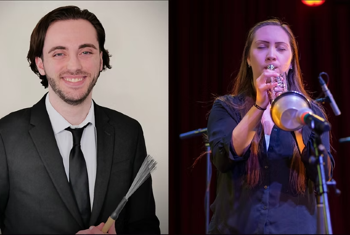 Seperate photos of Quinn Jamieson and Alexa Brown, Quinn wearing a suit and Alexa playing a trumpet.