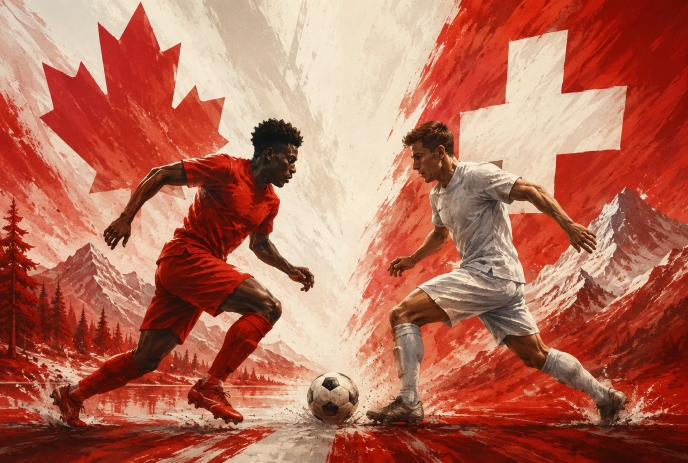 Two soccer players face off with ball between them Canada and Switzerland.