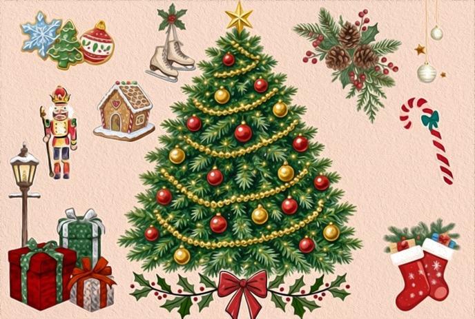 Decorated Christmas tree surrounded by gifts, ornaments, stockings, candy cane, and nutcracker.