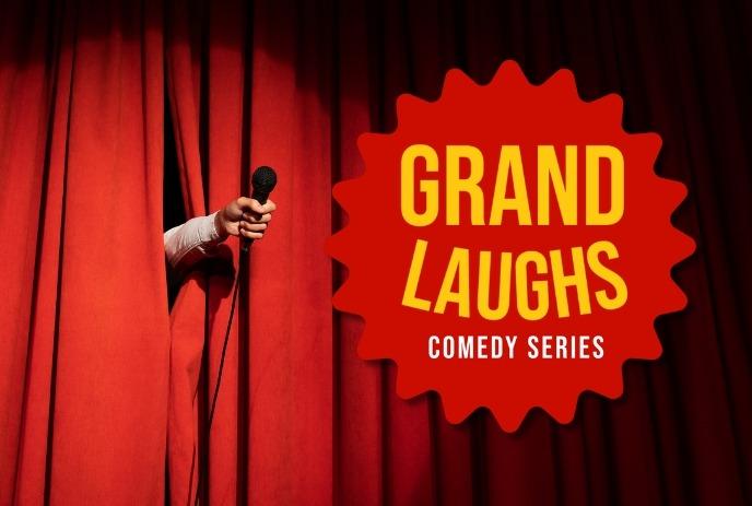 Red curtain with hand holding microphone and bold yellow grand laughs text for live comedy show.