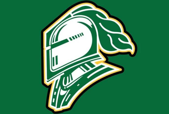 Stylized white knight helmet with green and yellow outlines and plume on solid green background emblem.
