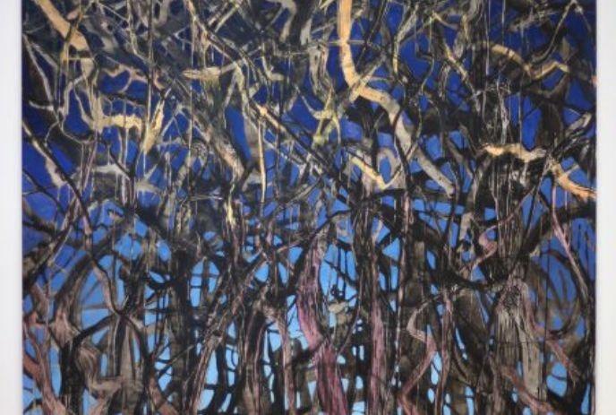Abstract painting of a dense, tangled forest with dark branches against a vivid blue background.