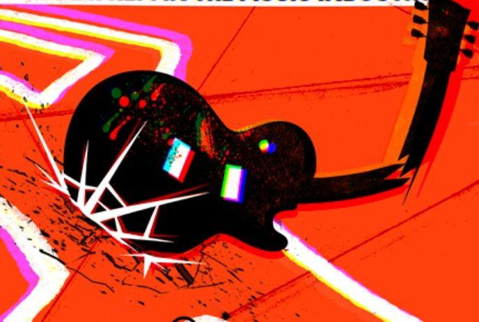 Digital illustration of a broken black electric guitar on a bold orange background with abstract graphic effects.
