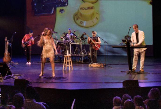 80s Confidential band live concert performing on stage before an audience, with a large screen backdrop.