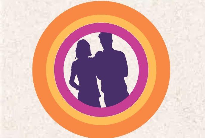 Shade of a man and women, inside colourful circles, with paper sand colour on background.
