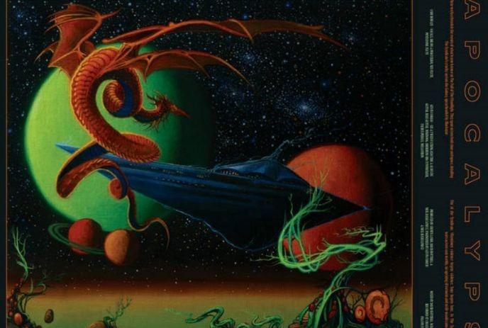 Apocalypse album cover is a red dragon coils above a blue spaceship before giant planets amid stars and alien vines.