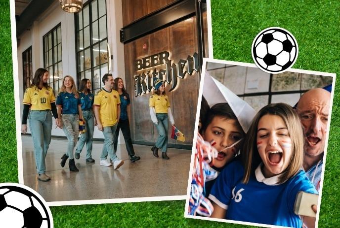 A collage of soccer-themed photos featuring fans in colorful jerseys and a selfie of three excited soccer enthusiasts.