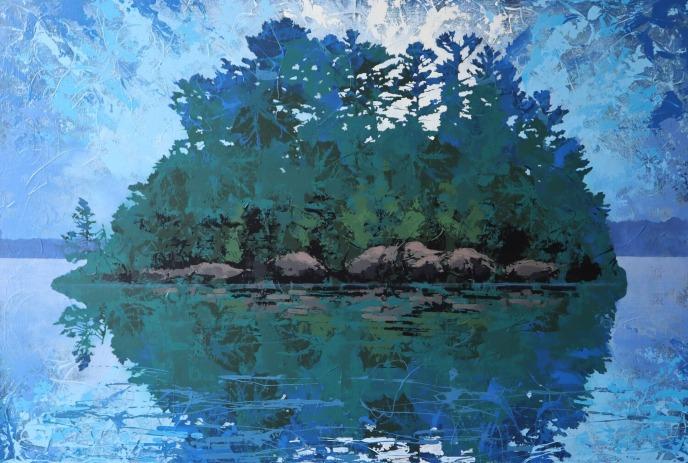 Painting of trees, rocks, water and sky.