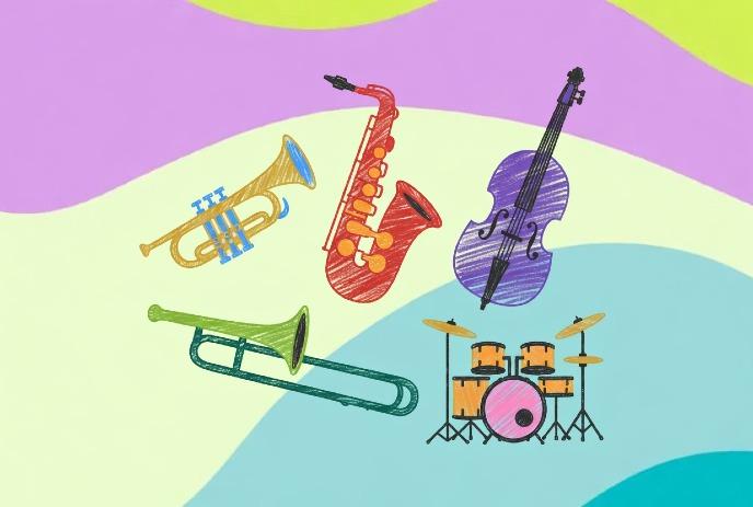 Illustration of musical instruments: trumpet, trombone, saxophone, violin, and drum set against a colorful, wavy background.