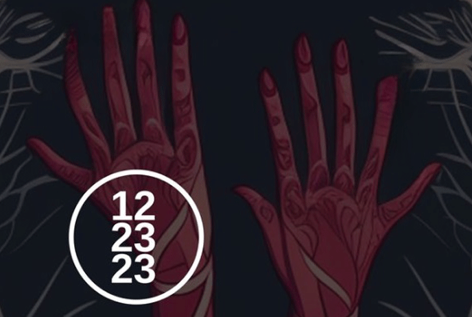 A graphic of red hands reaching towards the sky, with the date 12/23/2023.