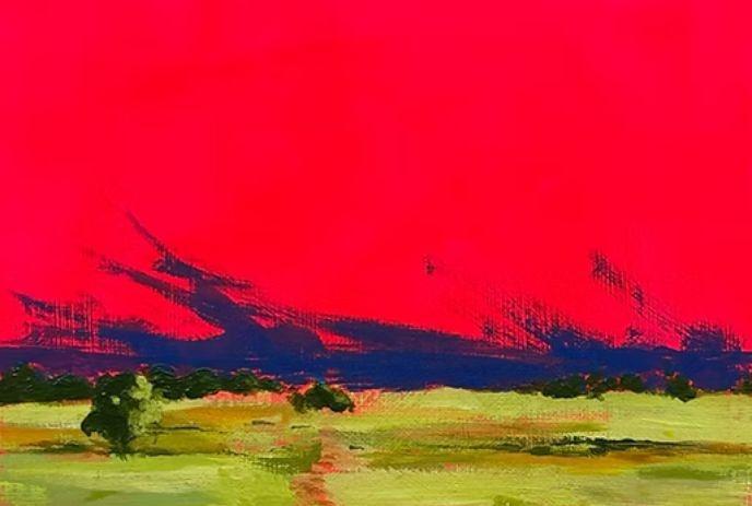 An abstract painting of a green field and trees with a red sunset sky.