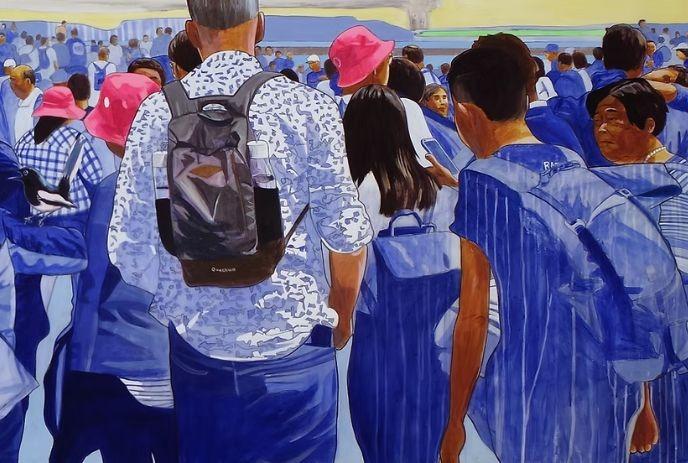 A painting depicting a dense crowd of people dressed predominantly in blue clothing and pink hats.