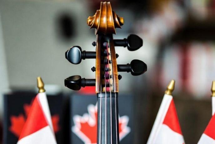 The head of a fiddle with Canadian flags in the background.