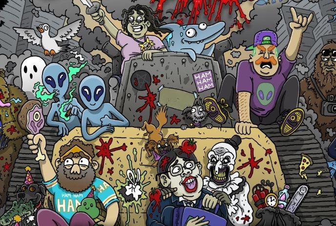 A chaotic, cartoonish scene with various characters, including aliens, a dolphin, and people with exaggerated expressions.