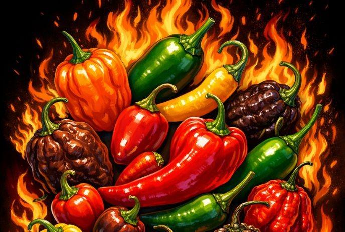 A vivid illustration of assorted peppers in bright reds, greens, and yellows, surrounded by flames.