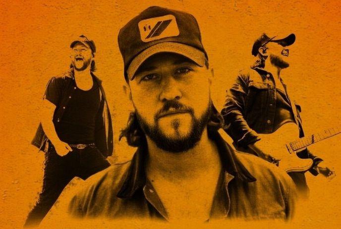 Nate Haller with a beard and cap is centered, with two dynamic poses of him performing, one singing and one playing guitar