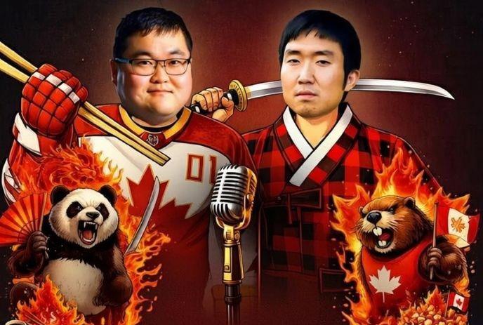 Two men in sports and samurai gear stand with a microphone between them. A fiery panda and beaver add intensity to the scene.