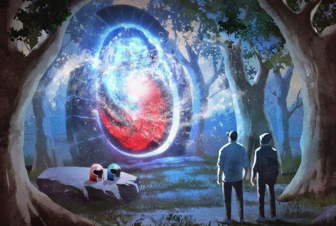 Two people stand in a forest, facing a glowing, swirling portal of blue and red light. Helmets rest on a nearby rock.
