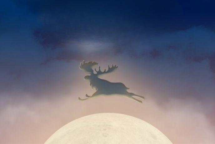 A drawing of a moose jumping over the moon on a cloudy night.