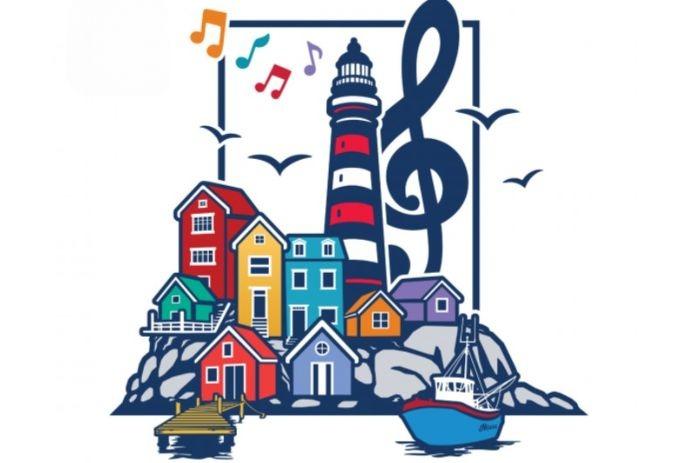 A colorful illustration of a coastal village with a lighthouse, musical notes, and a boat, set against a rocky shoreline.
