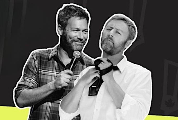 A graphic of Rory Scovel tying a tie & Jon Dore holding a microphone.