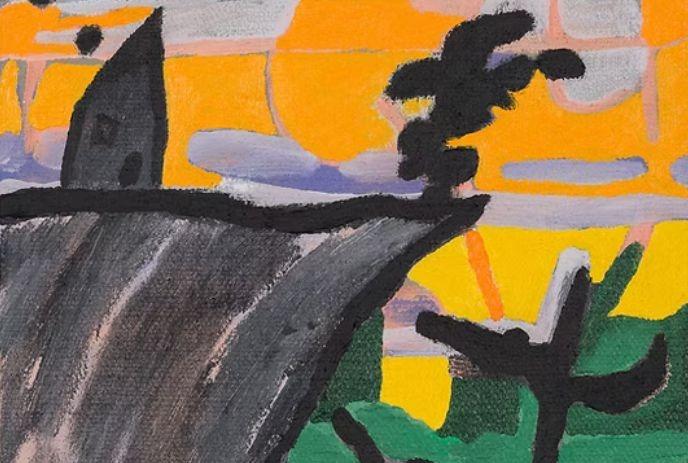 A colorful abstract painting featuring a dark house on a cliff, a tree, and a vibrant orange and yellow sky.